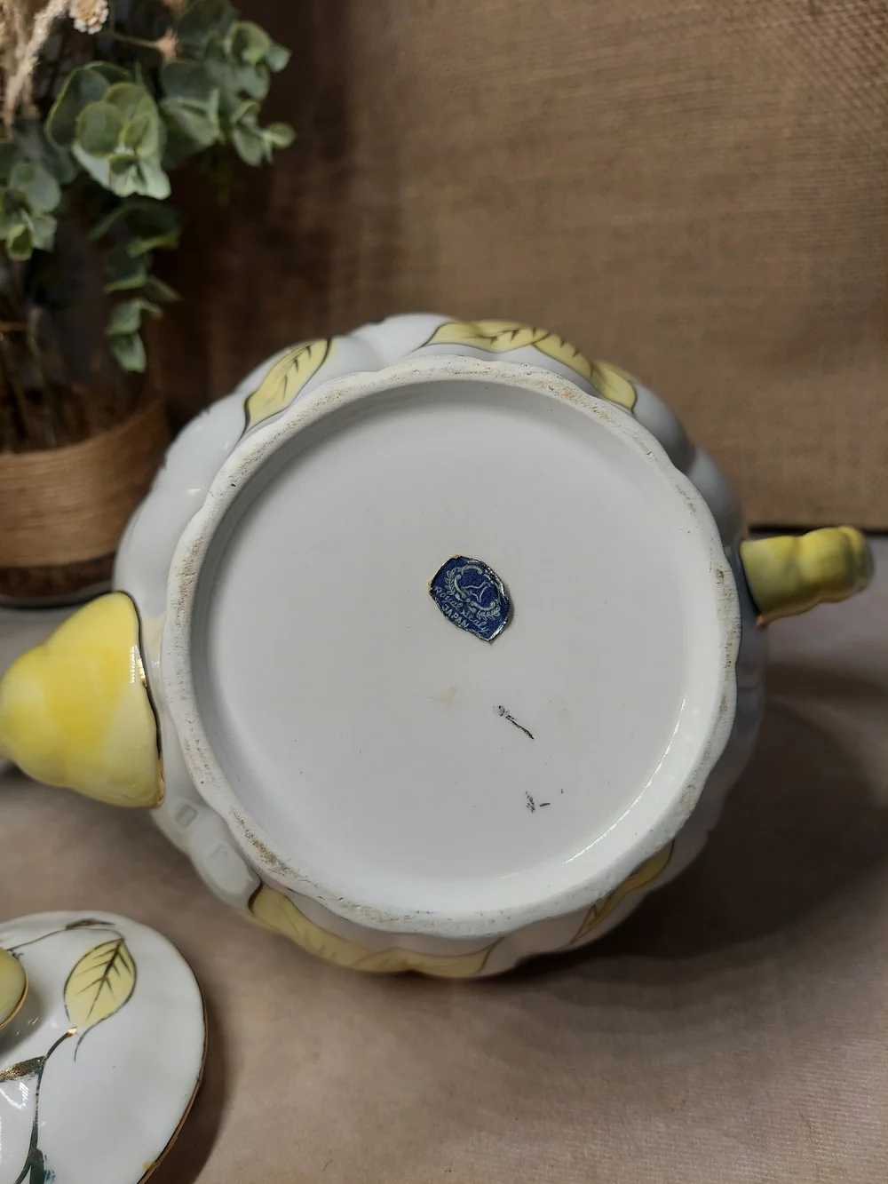 Vintage Royal Sealy Japan Yellow Leaf & Gold Trim Fluted Ceramic Teapot with Lid